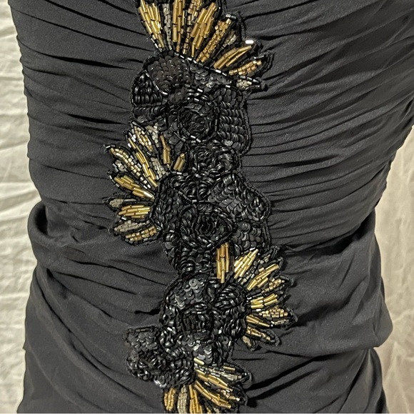 Badgley Mischka Collection black silk strapless ruched side sequin fitted dress - Picture 6 of 13